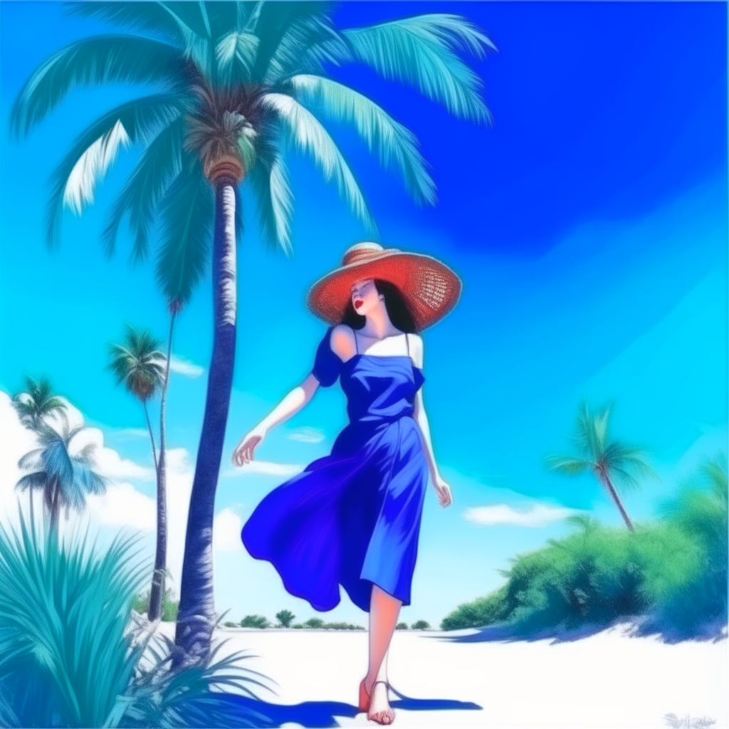 Beautiful Thai woman walking by palm trees, with a blue sky