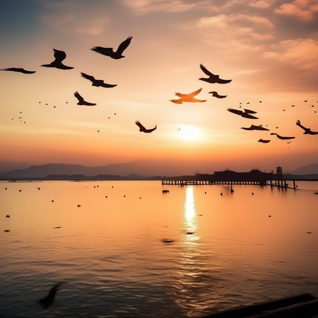 Beautiful Thai view over a bay with seagulls flying, with a beautiful sunset.