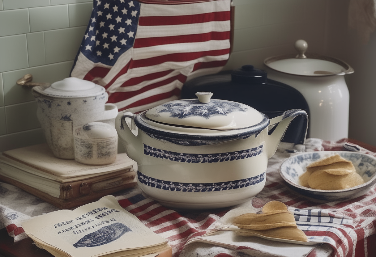 a vintage American kitchen with a ceramic slow cooker full of chicken and dumplings, steam wafting upwards, a worn cookbook and an American flag tablecloth