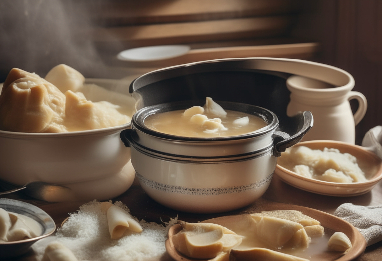 a vintage American kitchen with a ceramic slow cooker full of chicken and dumplings, the dumplings clearly visible floating in broth, steam wafting upwards