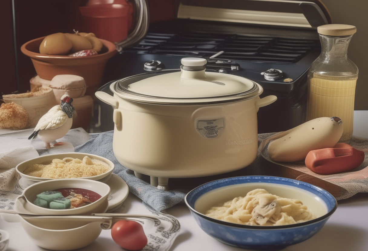 A vintage American kitchen with a ceramic slow cooker with the lid open, steam wafting upwards, signifying warmth. Inside the slow cooker is chicken and dumplings. Next to it is a bowl of chicken dumplings floating in creamy broth with chunks of chicken and vegetables. There is also a worn cookbook, a star-spangled tablecloth and an old-fashioned ladle.