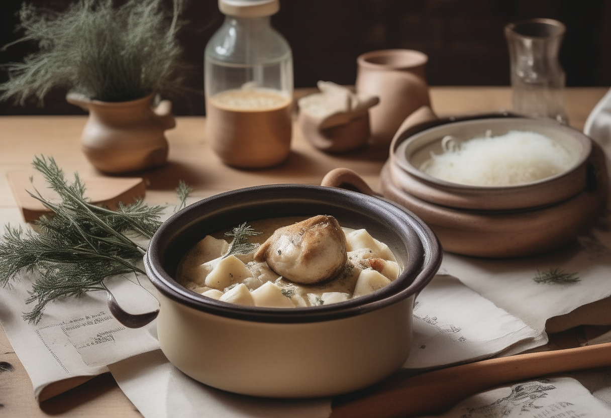 A ceramic crock pot on an American dining table, steam wafting up, filled with chunks of chicken and fluffy dumplings. Rustic wooden spoons nearby, an American flag draped behind. Sprigs of thyme and rosemary scattered around, and a handwritten recipe card.