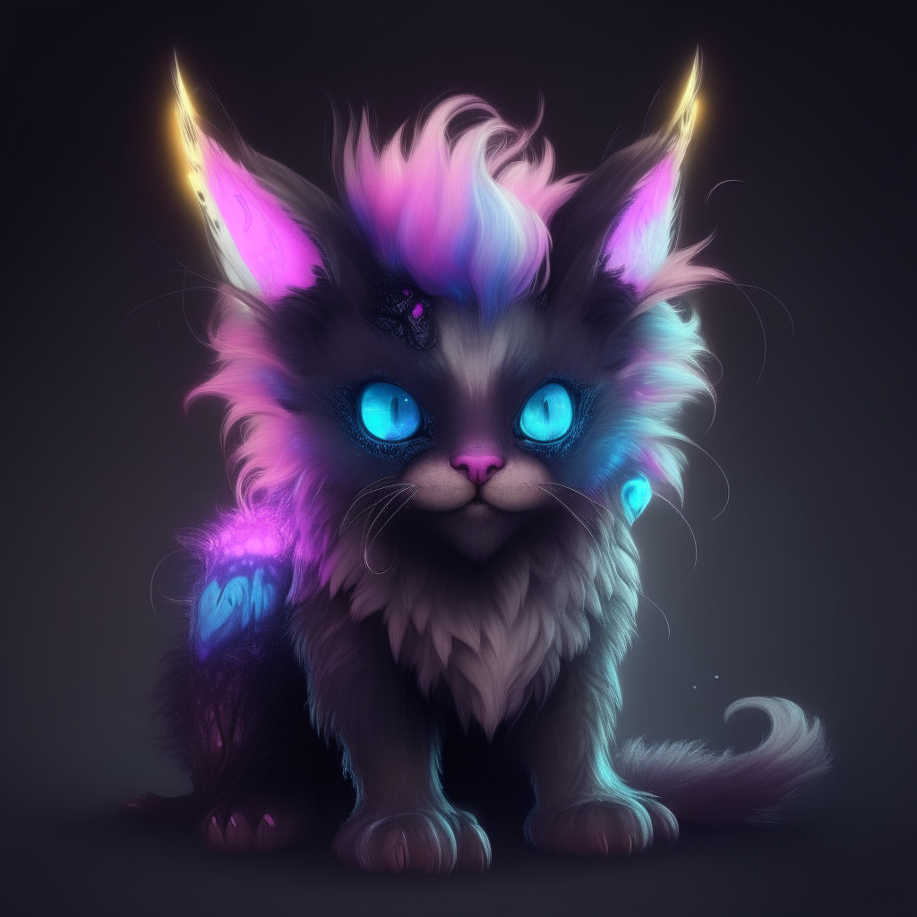 A pastel-furred kitten demon with antler-like horns and a studded black leather jacket. It has glowing neon pink and blue eyes and transparent purple shades. A fluffy rainbow stripped tail waves behind it.