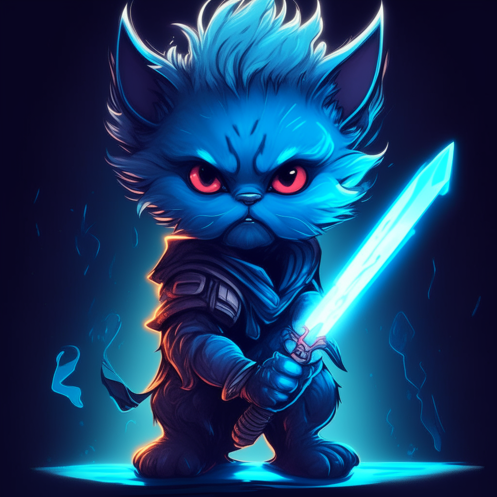 The kitten demon wields a neon blue lightsaber in its paw. Its devilcore style is featured with caricature-like illustrations and chaos.