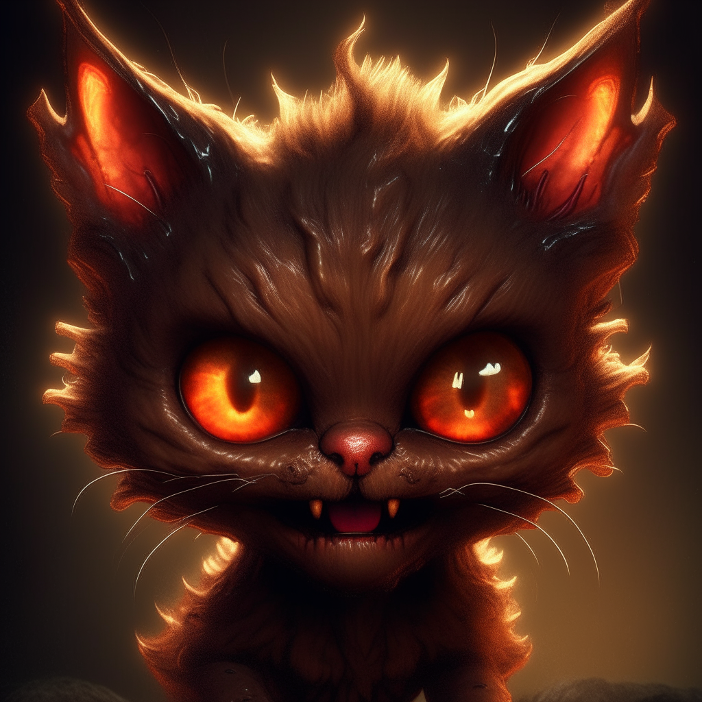 The kitten demon has a lively facial expression with highly detailed illustrations and digitally enhanced features like glowing eyes.