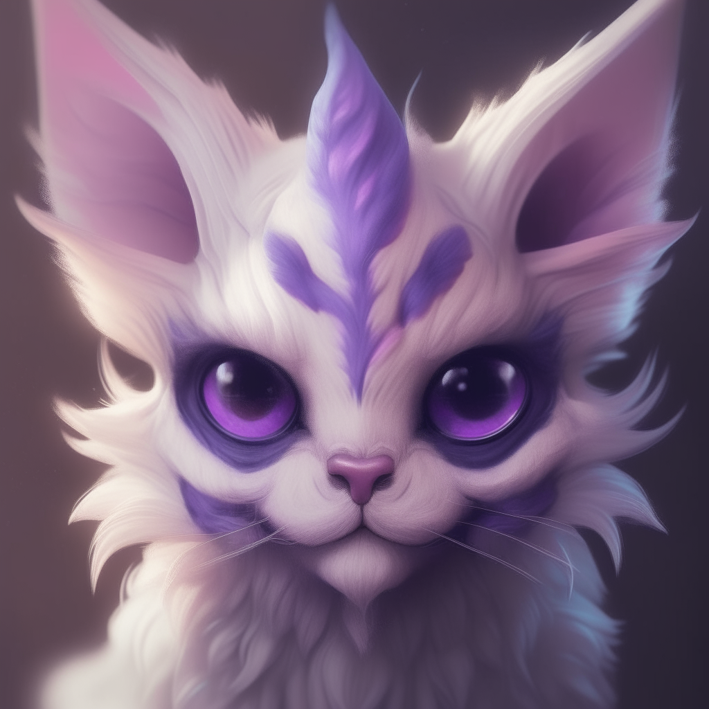 A close-up portrait of the adorable kitten demon with pastel fur and antler-like horns wearing transparent purple shades.