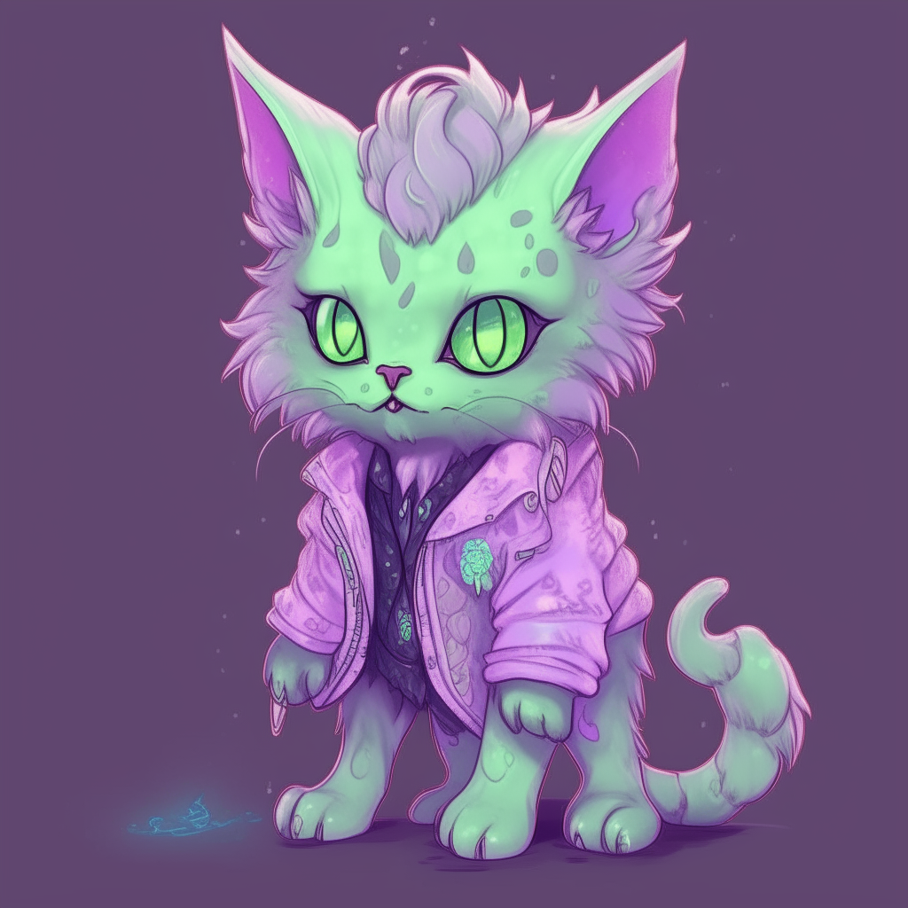 A pastel purple kitten demon wearing a studded jacket. It has neon green eyes and a fluffy multicolored tail.