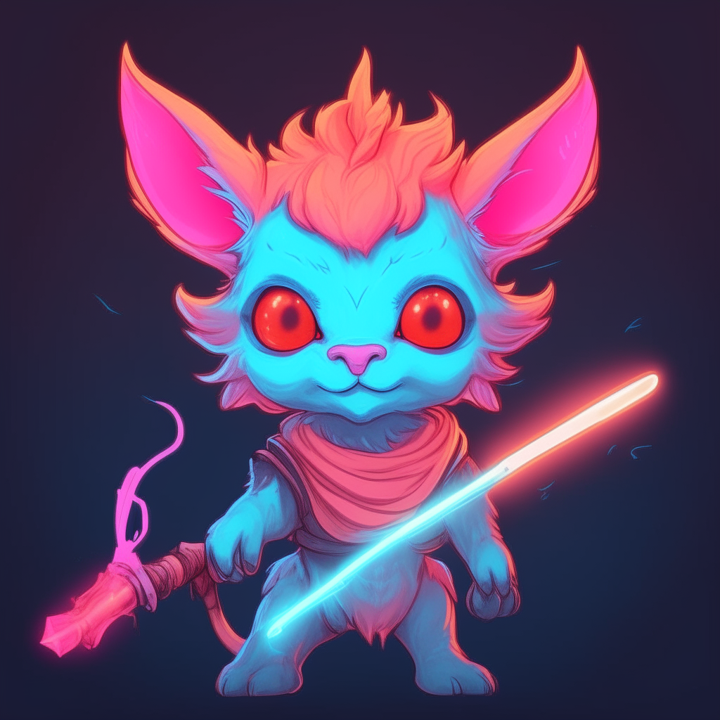 A sky blue kitten demon with antler-like horns holds a neon orange lightsaber. It has a grinning expression and transparent pink shades.