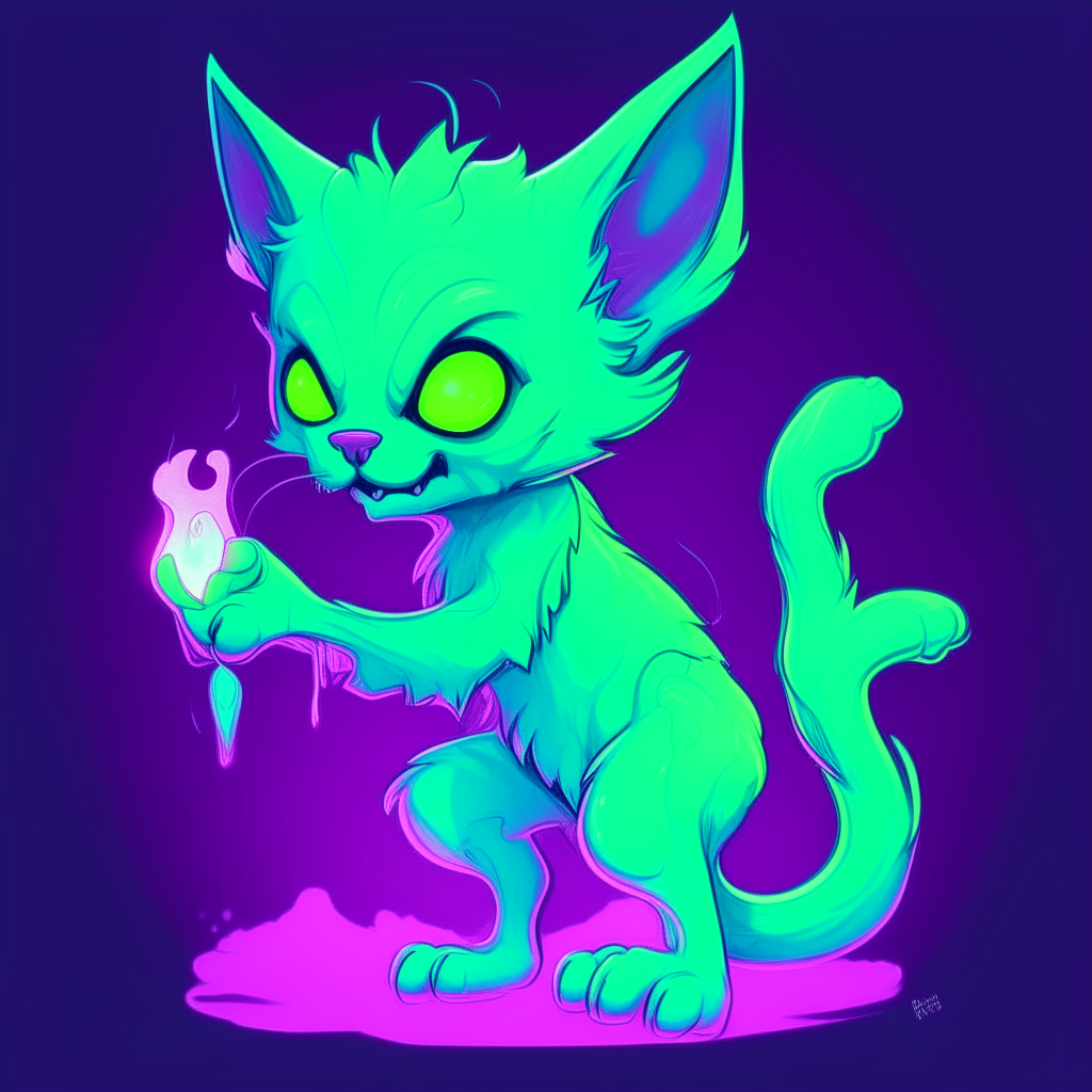 A mint green kitten demon poses with a neon yellow tail waving behind it. It has glowing magenta eyes and wears transparent cyan shades.