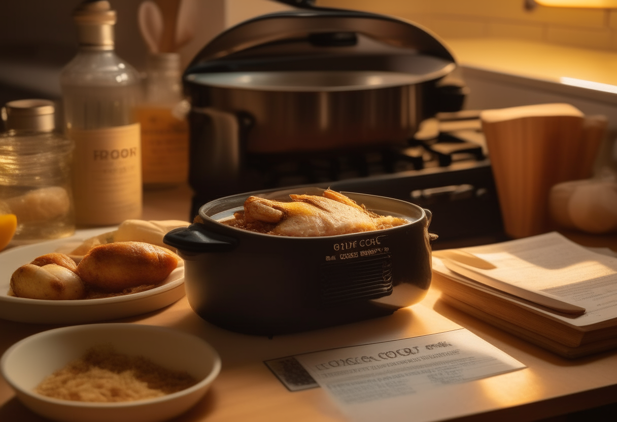 A homey American kitchen at sunset with a crock pot filled with chicken in honey garlic sauce. Next to it is a vintage recipe card with the ingredients and instructions clearly visible.