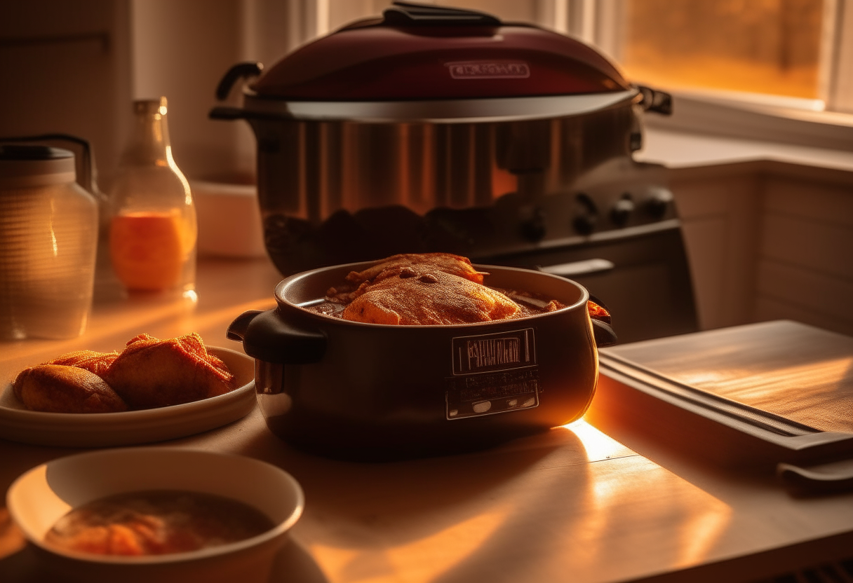 A homey American kitchen at sunset with a crock pot filled with chicken in honey garlic sauce.