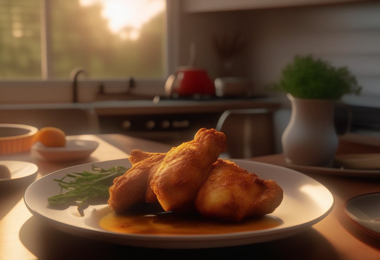 A homey American kitchen at sunset with a plate of chicken coated in honey garlic sauce.