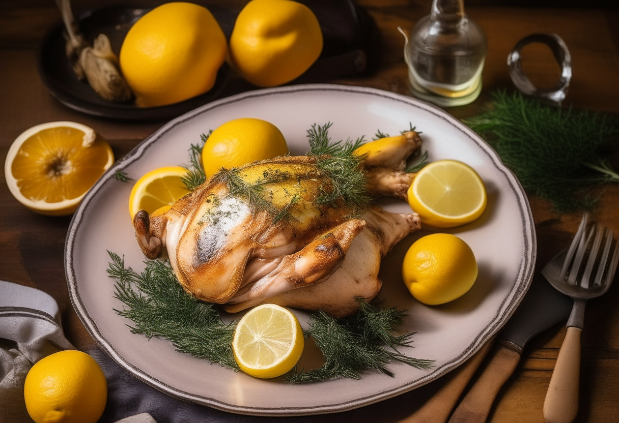 A lemon garlic roasted chicken artfully plated on a white dish, surrounded by lemon wedges, garlic cloves, rosemary and thyme sprigs. Soft lighting against a wooden table with culinary magazines.