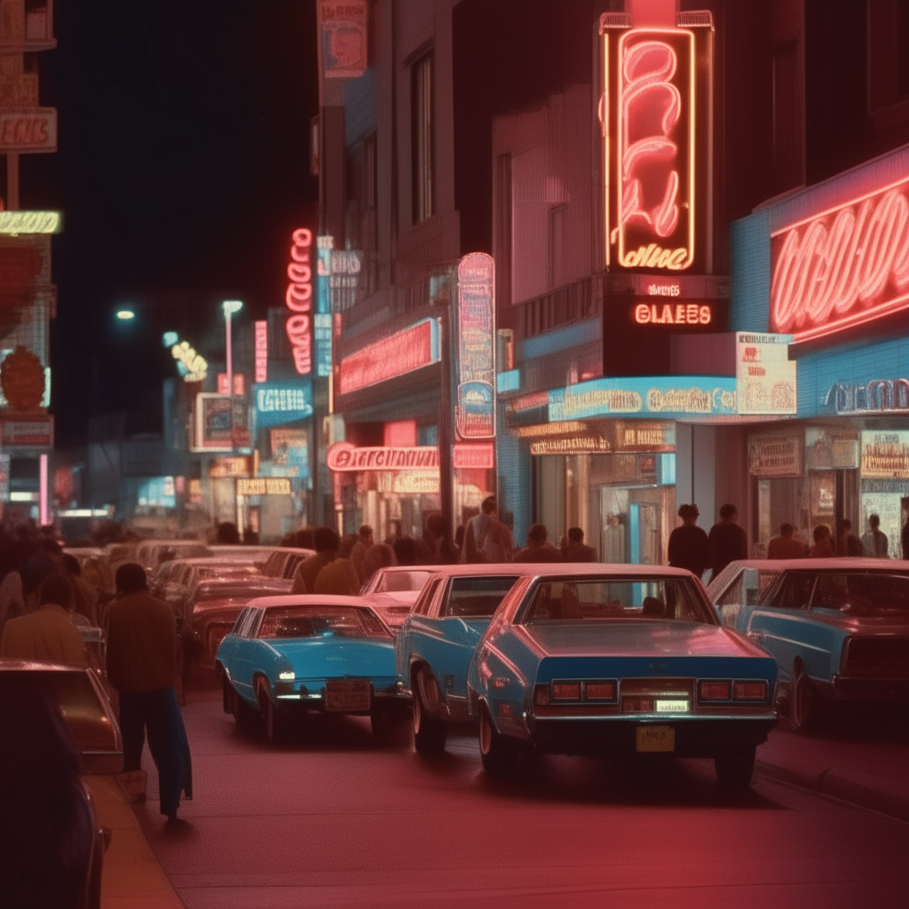 A bustling city street at night in the 1980s, illuminated by neon signs and lights outside shops, cafes and movie theaters. Vintage cars and people in fashionable 80s clothing walk along the sidewalk under the neon glow.