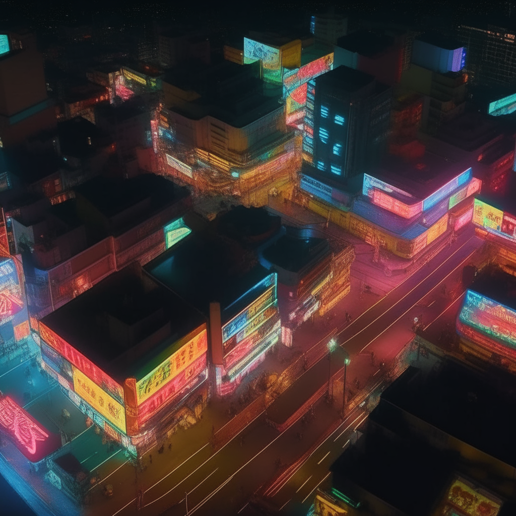 A bird's eye view of a dense urban downtown with its grid of streets lit up at night by colorful neon signs advertising local businesses, movie marquees and shop fronts from the 1980s.