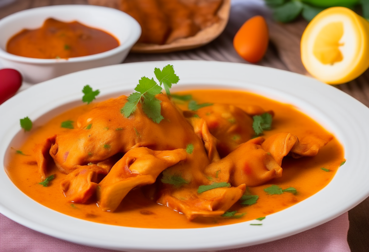 Chicken Tikka Masala on a white plate, in an orange sauce with red chilies, turmeric, cilantro. With naan bread, lemon slice, and whole spices like cardamom, cloves, cinnamon.