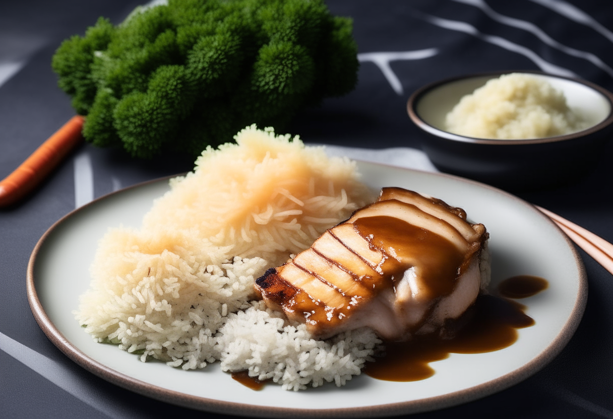 Succulent teriyaki chicken and steamed white rice artfully arranged on a white plate, with sesame seeds and steamed broccoli florets, against an American flag.