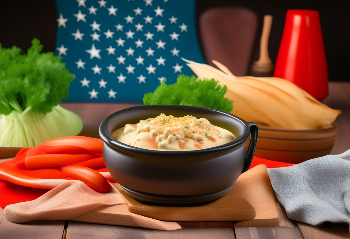 A ceramic bowl filled with creamy buffalo chicken dip, with celery, carrot sticks and bread for dipping. An American flag is draped in the background.