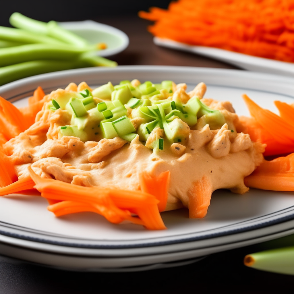 A plate of creamy buffalo chicken dip, with celery and carrot sticks for dipping.