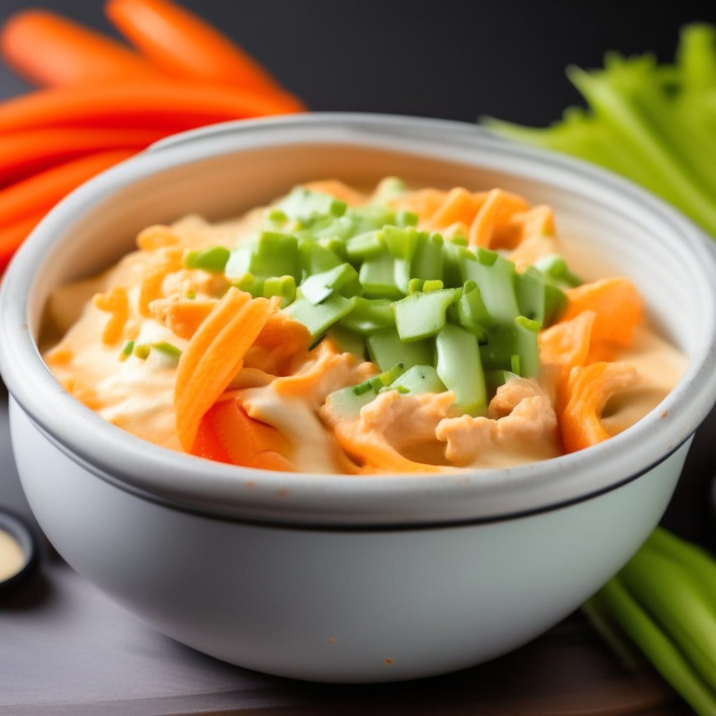 A bowl filled with creamy buffalo chicken dip, with celery and carrot sticks for dipping.