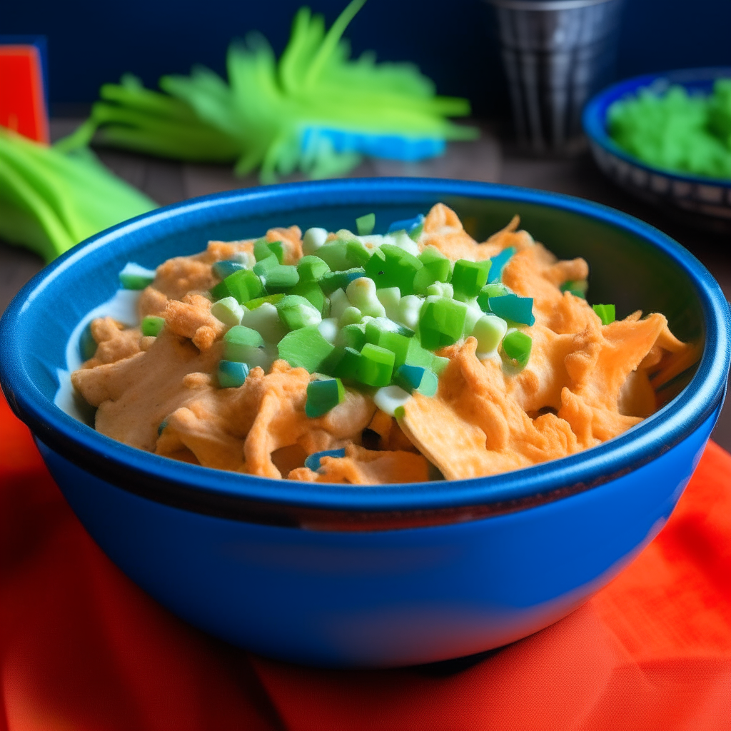 A bowl filled with buffalo chicken dip, with celery sticks. There are red, white and blue streamers hanging in the background.