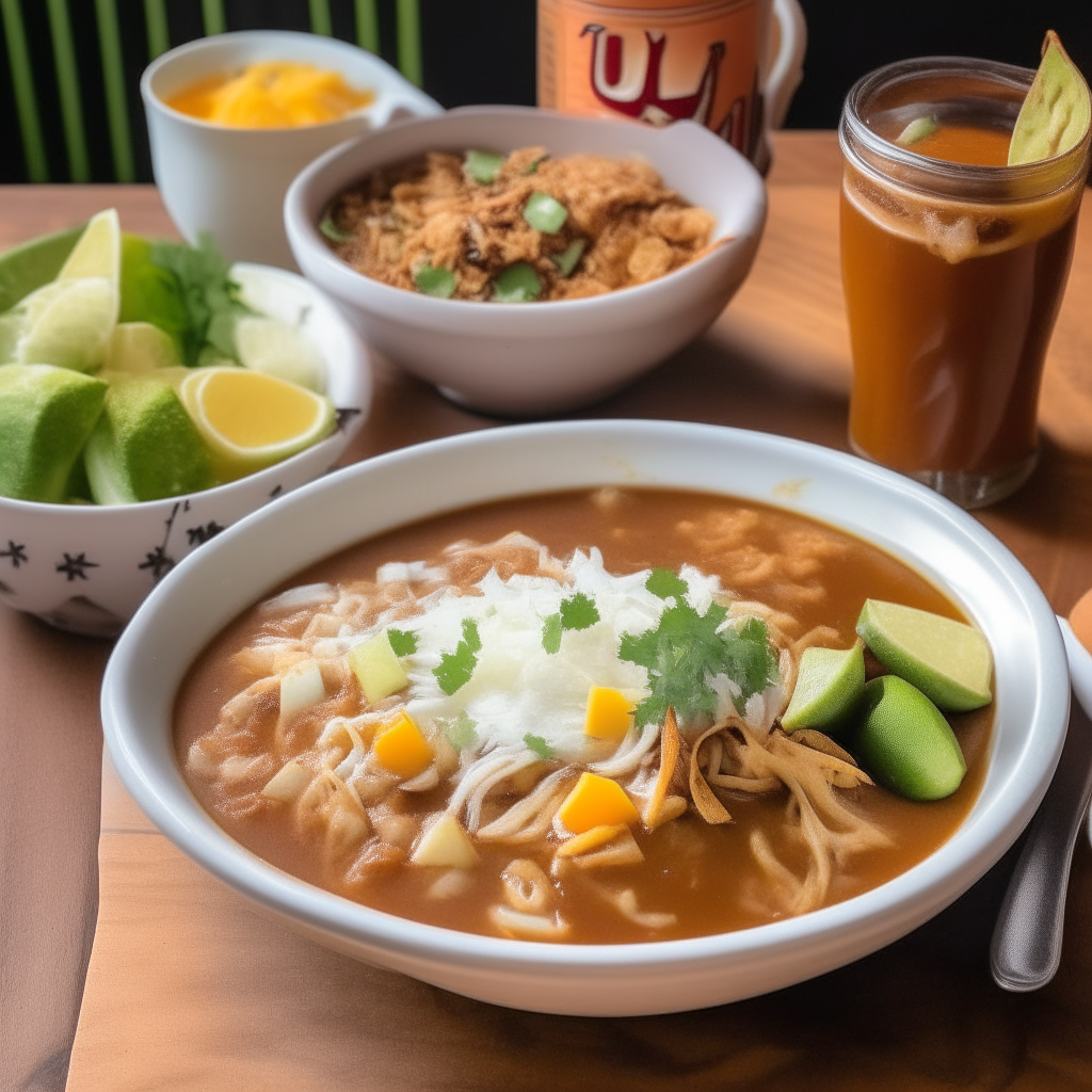 A white plate with chicken enchilada soup, tortilla strips, lime, sour cream. On a wooden table with cornbread, iced tea, cactus, and cow skulls.