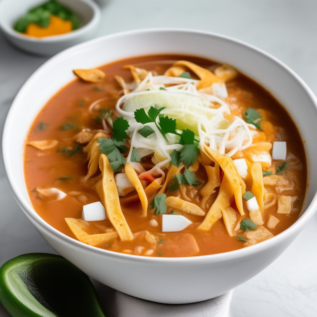 A white bowl filled with chicken enchilada soup, topped with tortilla strips, lime wedge, and dollop of sour cream.