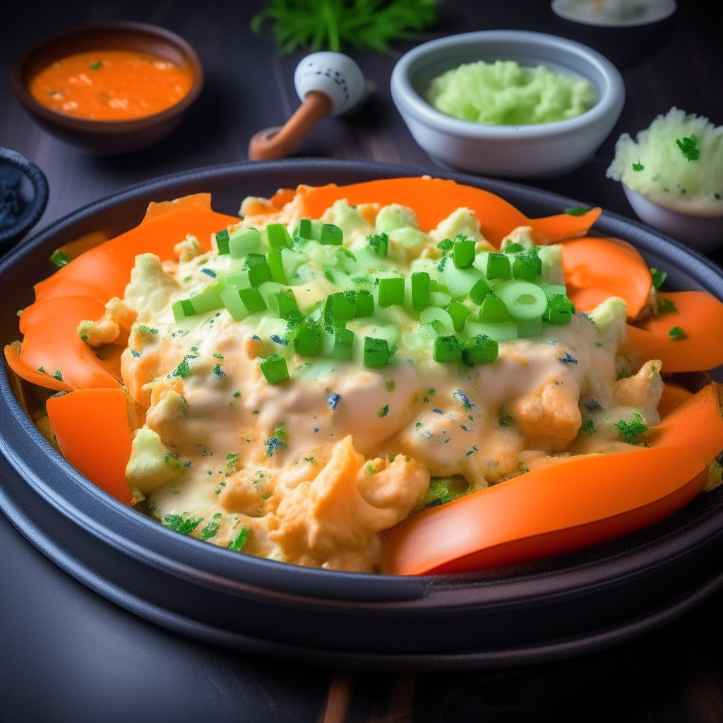 A plate with steaming hot buffalo chicken dip topped with blue cheese and chives, surrounded by celery and carrot sticks for dipping.