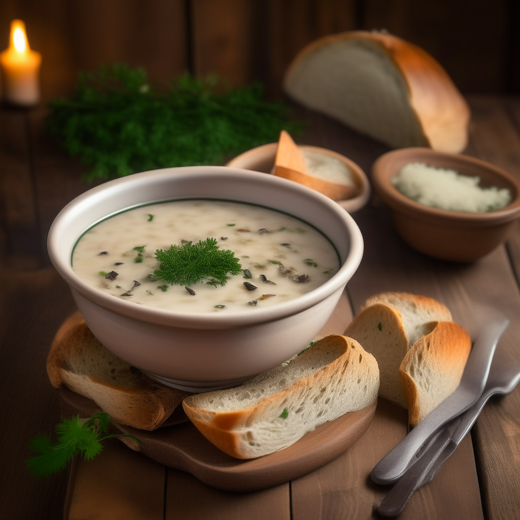 A rustic wooden table at sunset with a white bowl filled with creamy chicken and wild rice soup, garnished with parsley and served with bread.