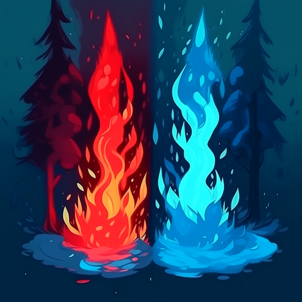 blue fire, red fire, forest, rain, mystic cartoon style