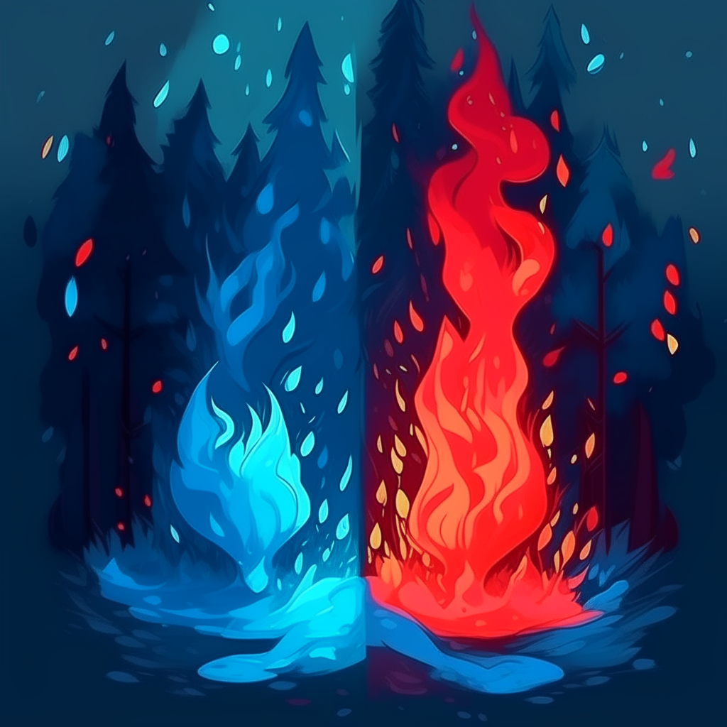 blue fire, red fire, forest, rain, mystic cartoon style