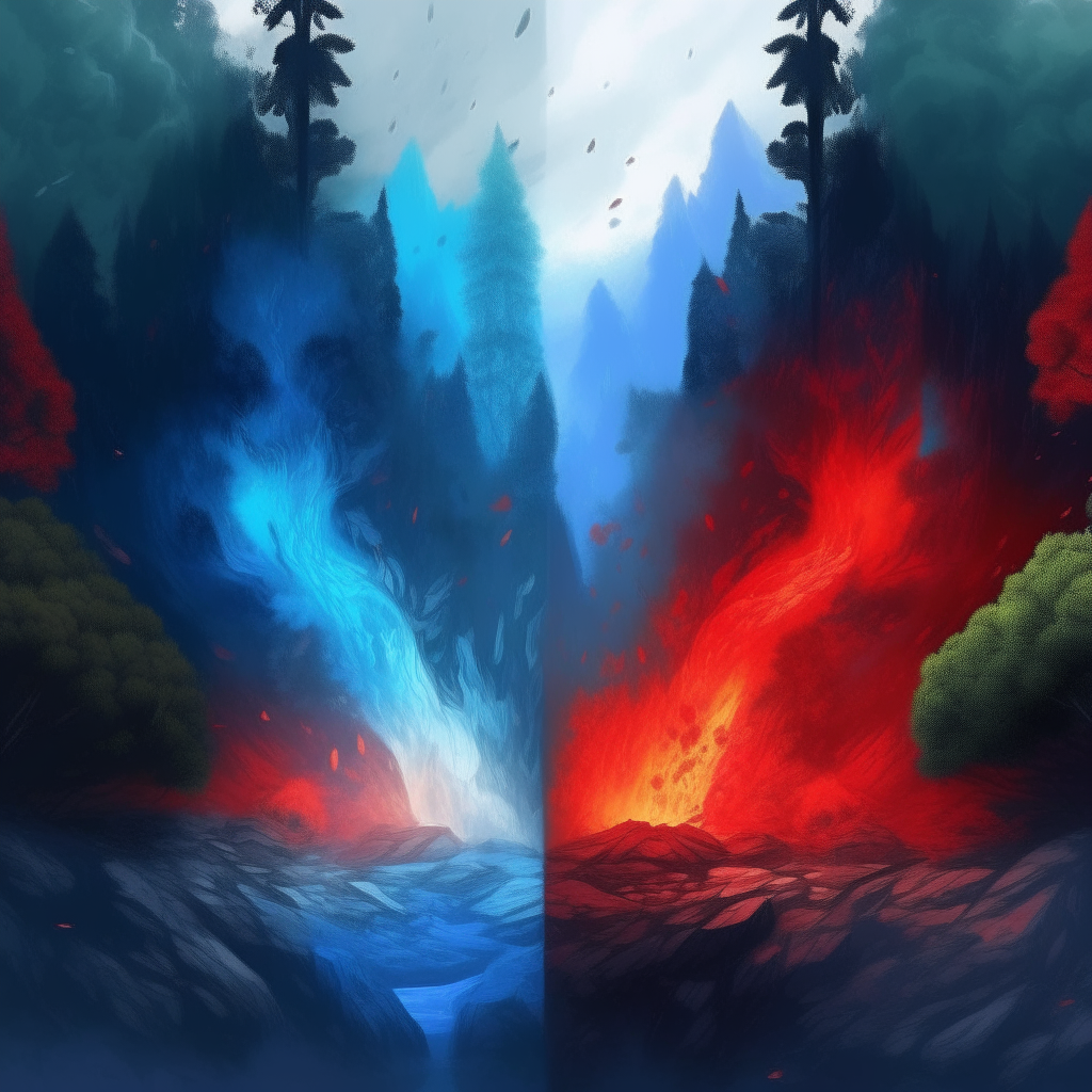 blue fire and red fire merge into one, in the six-space there is a mountainous forest, it is raining, it is mystical