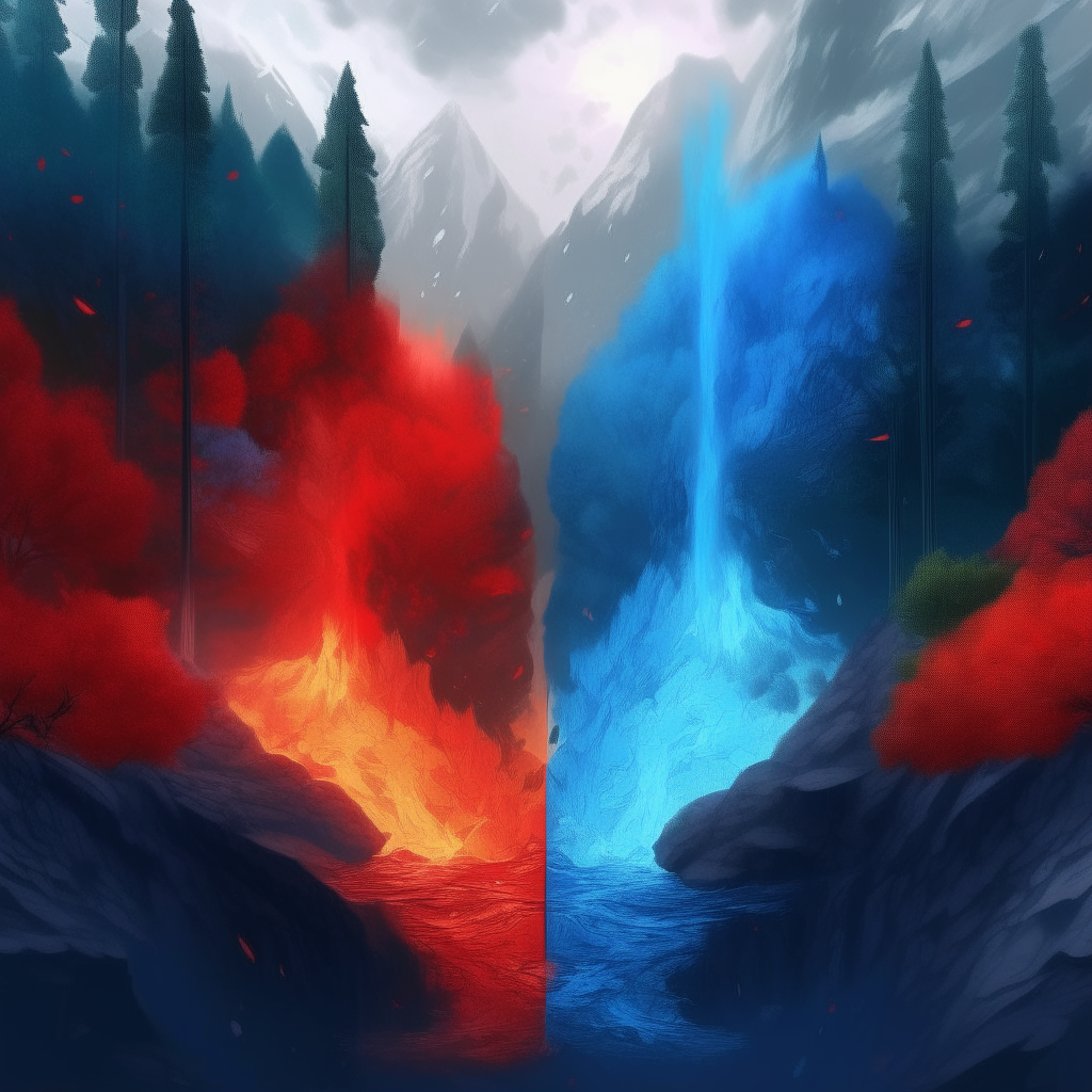blue fire and red fire merge into one, in the six-space there is a mountainous forest, it is raining, it is mystical