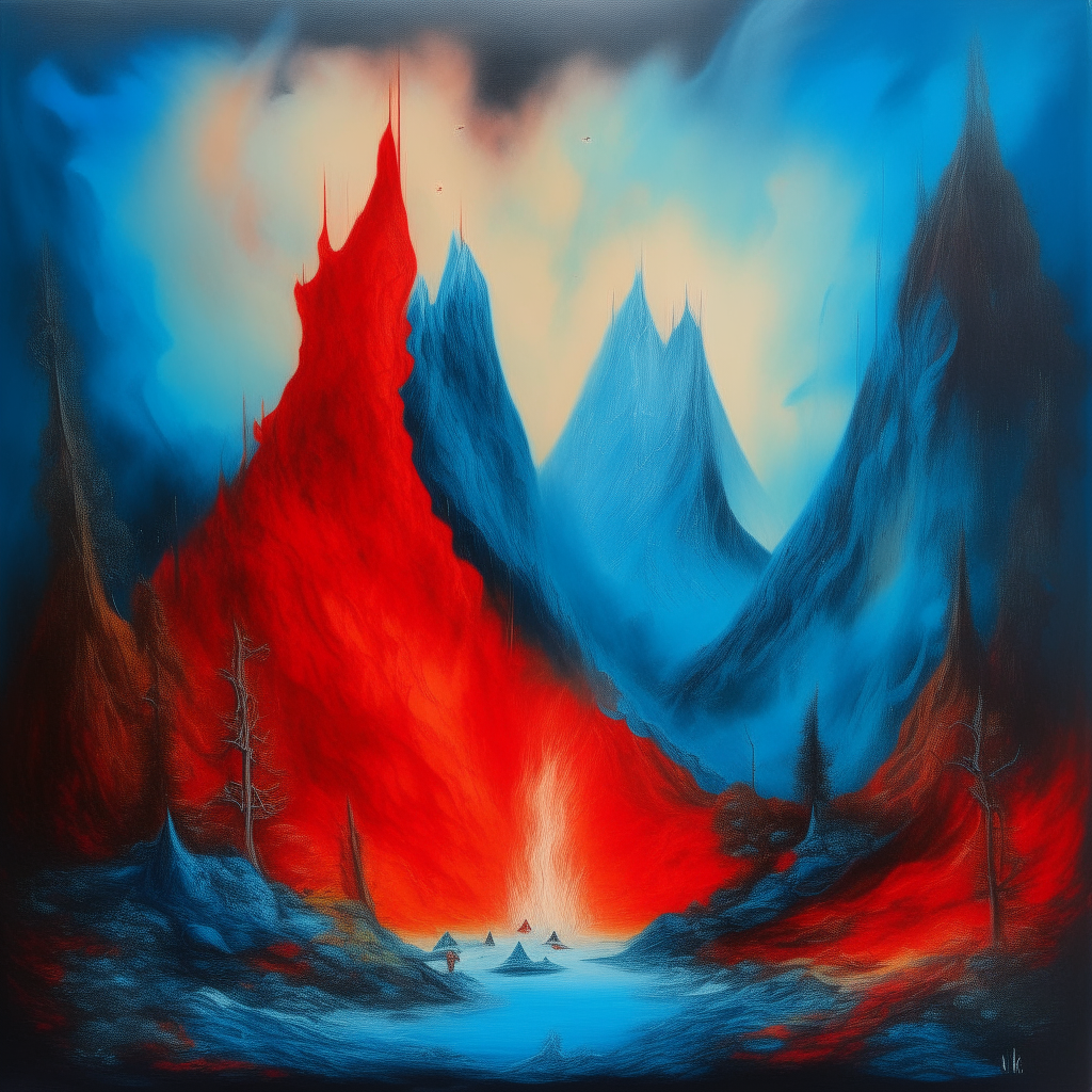 blue fire and red fire merge into one, in the six-space there is a mountainous forest, it is raining, it is mystical ion dali style