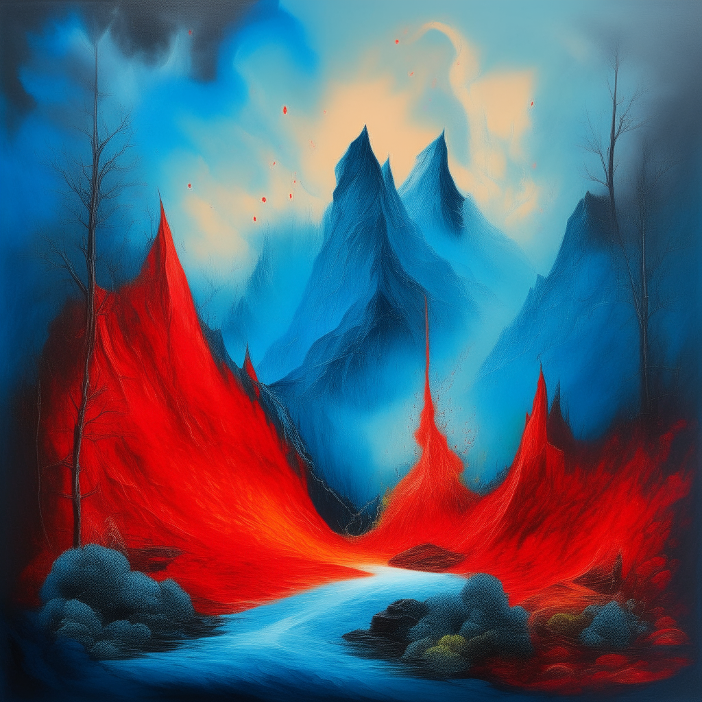 blue fire and red fire merge into one, in the six-space there is a mountainous forest, it is raining, it is mystical ion dali style