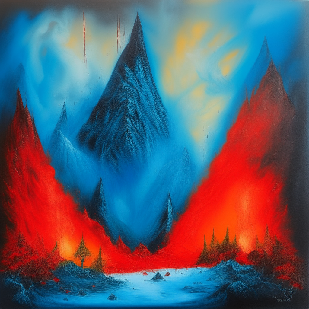 blue fire and red fire merge into one, in the six-space there is a mountainous forest, it is raining, it is mystical ion dali style
