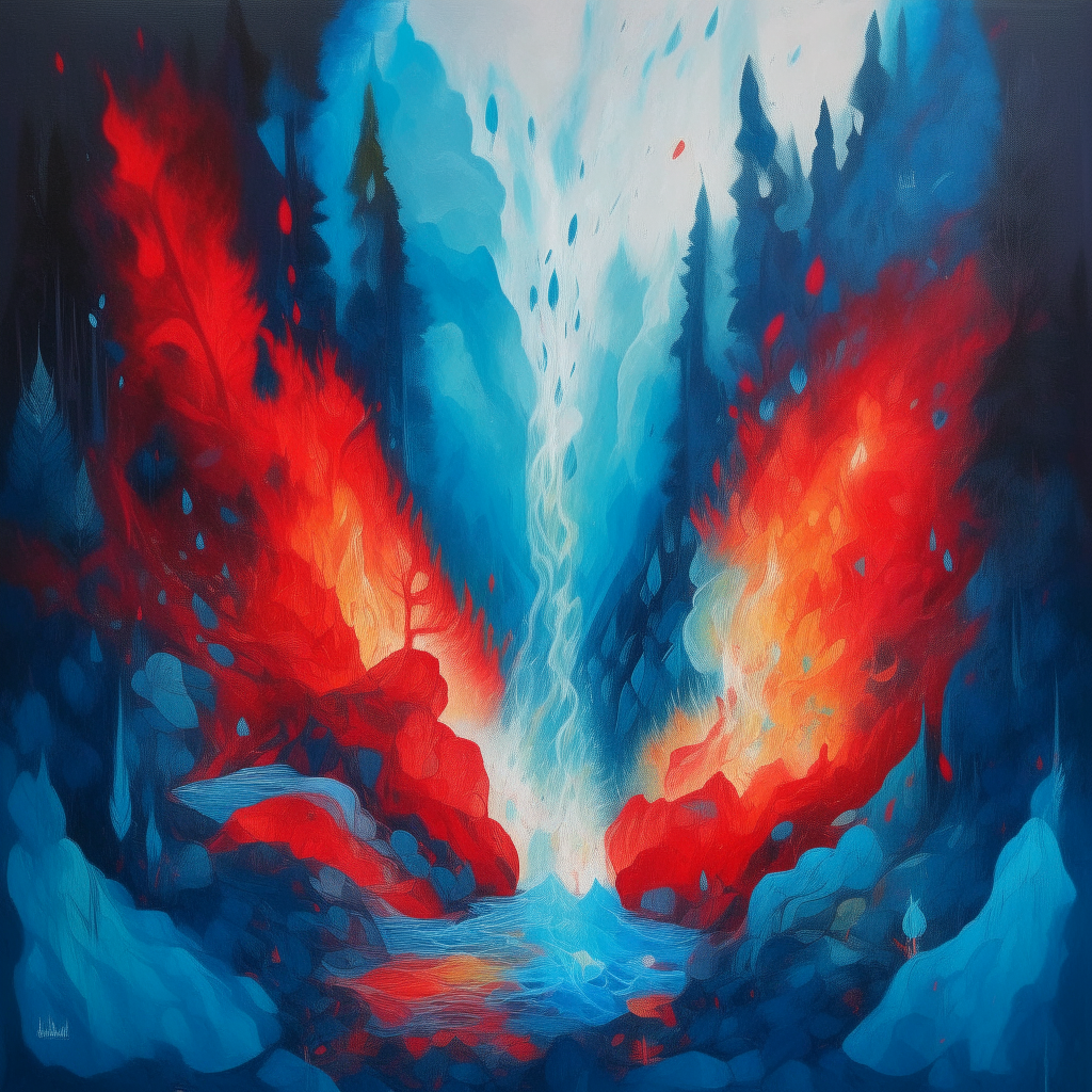 blue fire and red fire merge into one, a mountainous forest in the six-space, it is raining, mystical in expressionism style