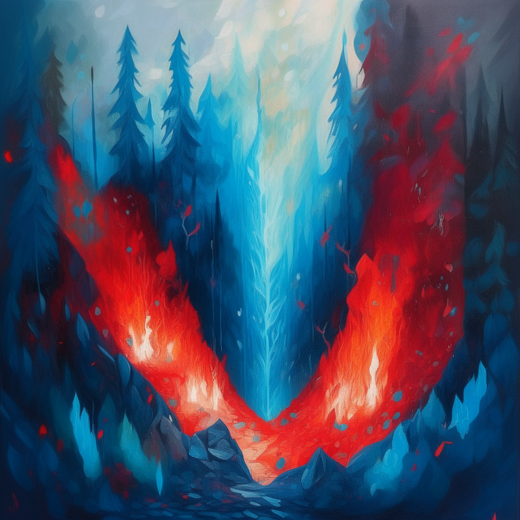 blue fire and red fire merge into one, a mountainous forest in the six-space, it is raining, mystical in expressionism style