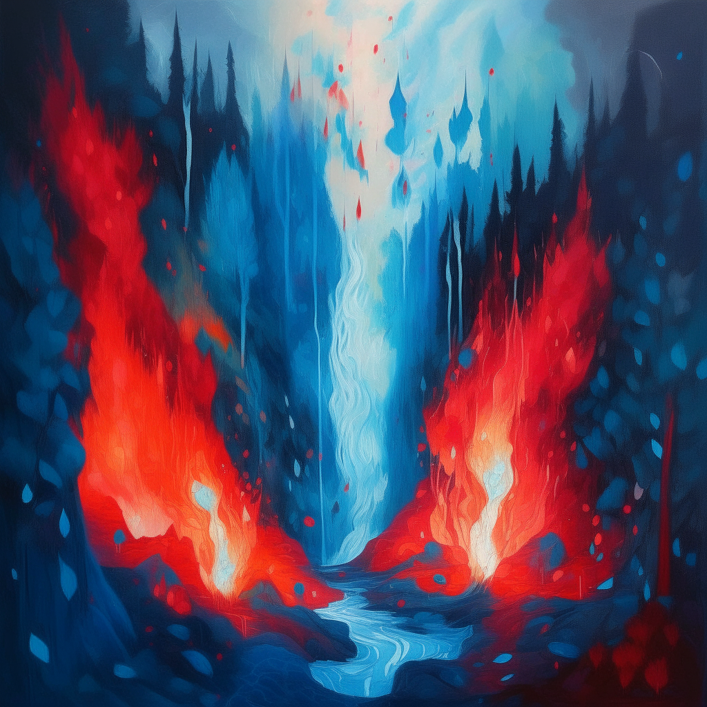 blue fire and red fire merge into one, a mountainous forest in the six-space, it is raining, mystical in expressionism style