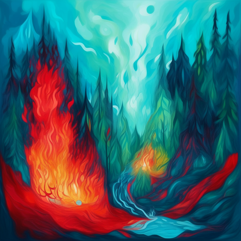 blue fire and red fire melt into one, mountain green forest rains, mystical in expressionism style