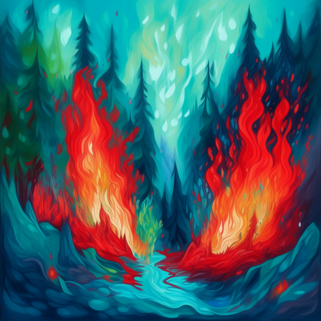 blue fire and red fire melt into one, mountain green forest rains, mystical in expressionism style
