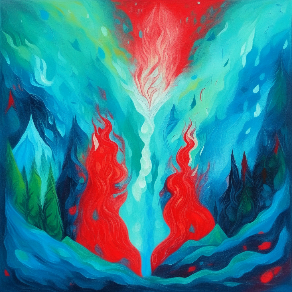 blue fire and red fire embrace each other, mountain green forest is raining, mystical, expressionism style