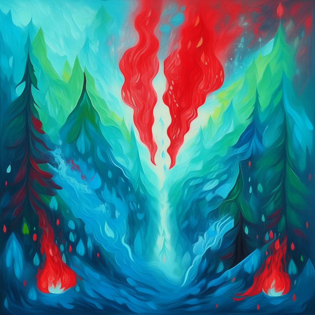 blue fire and red fire embrace each other, mountain green forest is raining, mystical, expressionism style