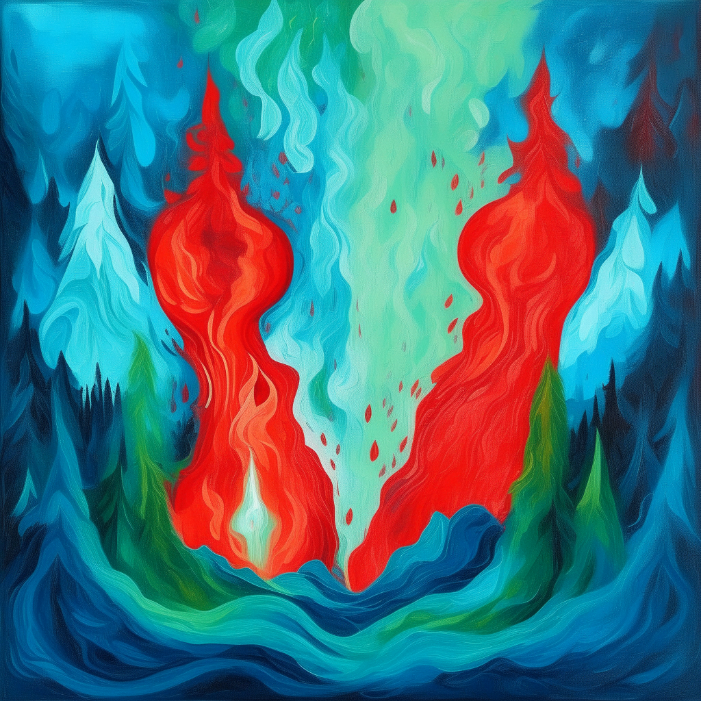 blue fire and red fire embrace each other, mountain green forest is raining, mystical, expressionism style