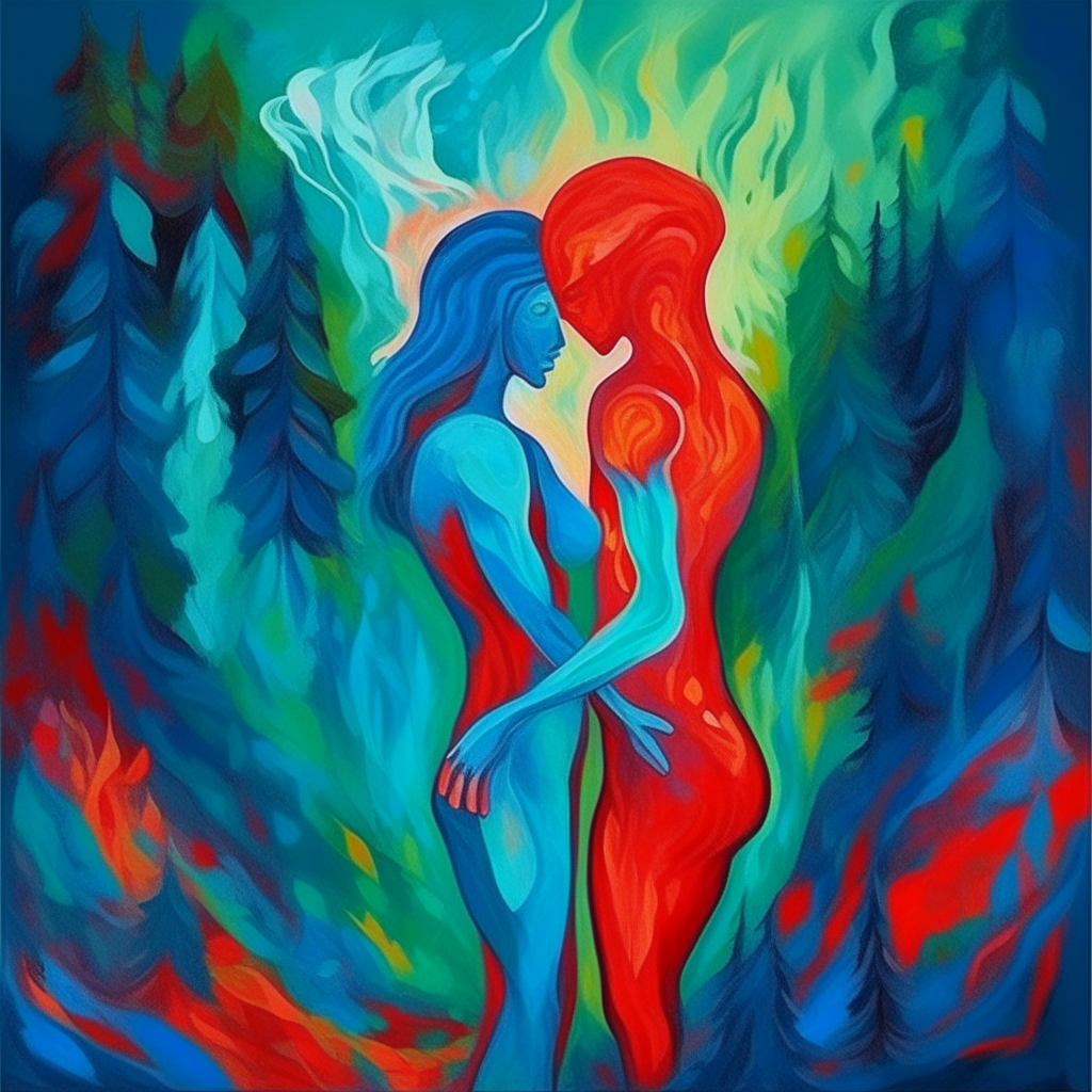 blue woman in the shape of fire and red man in the shape of fire embrace each other, mountain green forest is raining, mystical, expressionism style