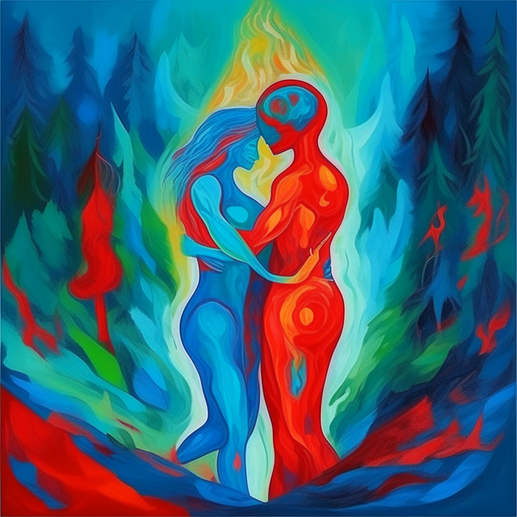 blue woman in the shape of fire and red man in the shape of fire embrace each other, mountain green forest is raining, mystical, expressionism style