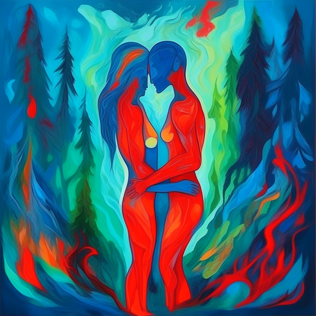 blue woman in the shape of fire and red man in the shape of fire embrace each other, mountain green forest is raining, mystical, expressionism style