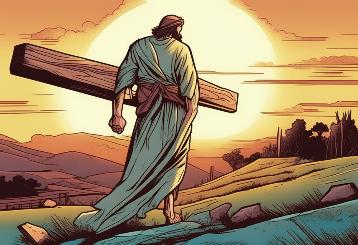 a man dressed as Jesus, dragging a large wooden cross on his back through a hilly landscape at dawn, comic book style illustration