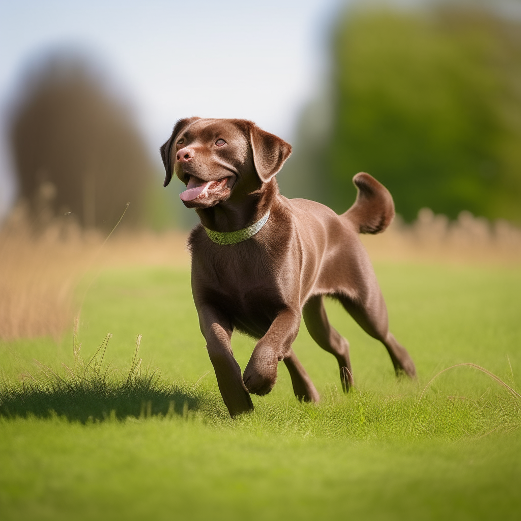 A brown Labrador retriever running across a grassy field on a sunny day