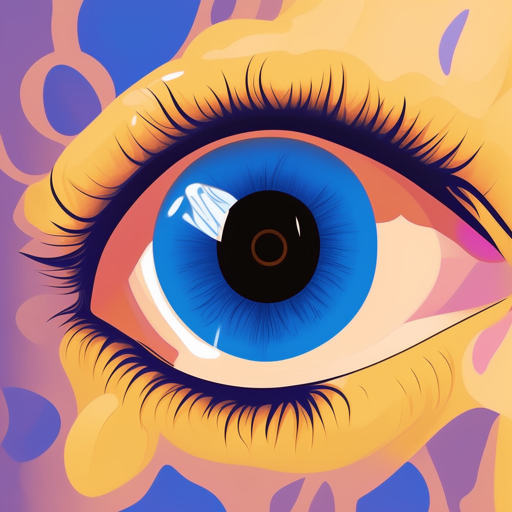 A close up portrait of a pair of large cartoon eyes with blue and pink spirals for irises, on a yellow background